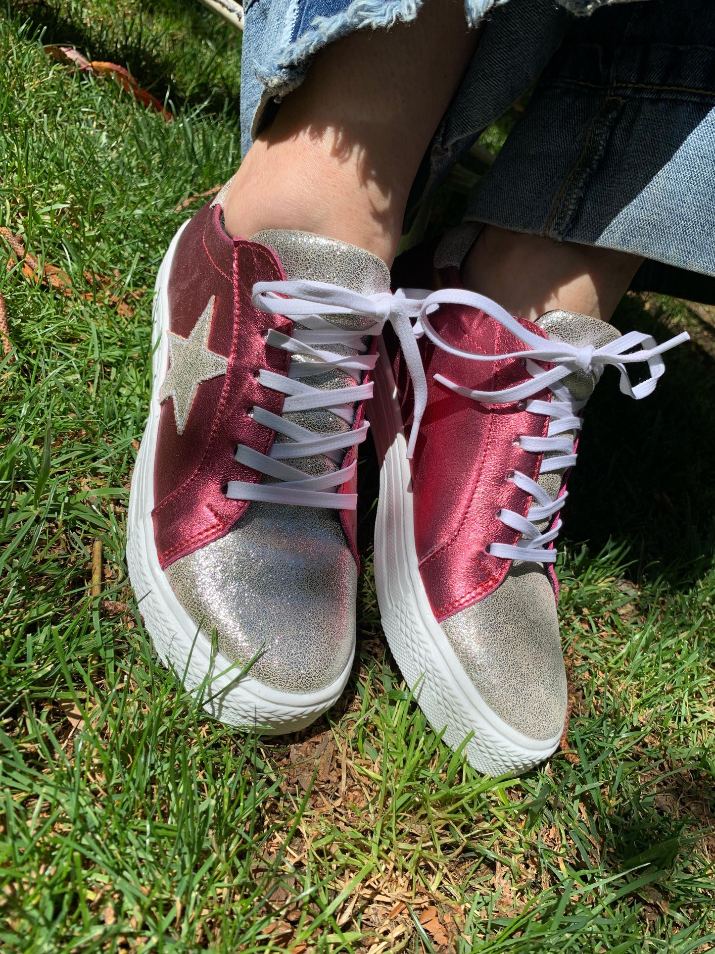 Zapatilla Trujillo cuero fucsia, plateado