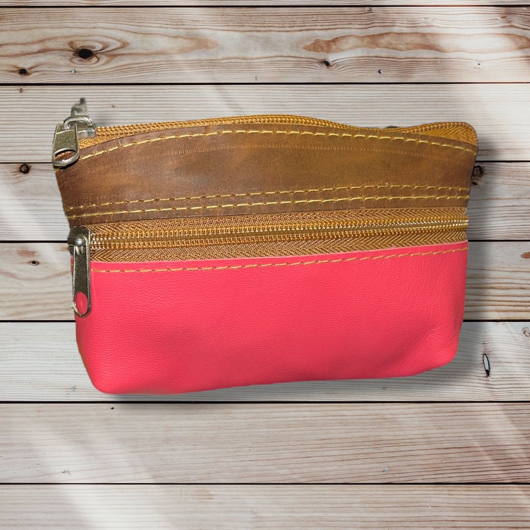 Monedero grande cuero fucsia c/camel y negro