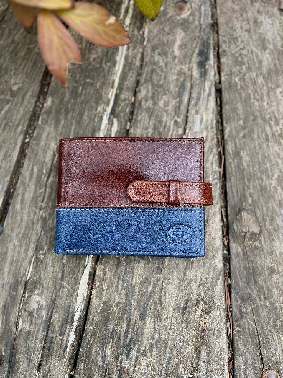 Billetera hombre cuero Azul c/cafe y sujetador