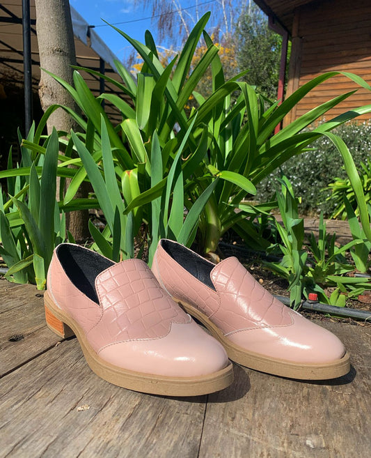 Mocasine Ortiz cuero rosado croco y richiato