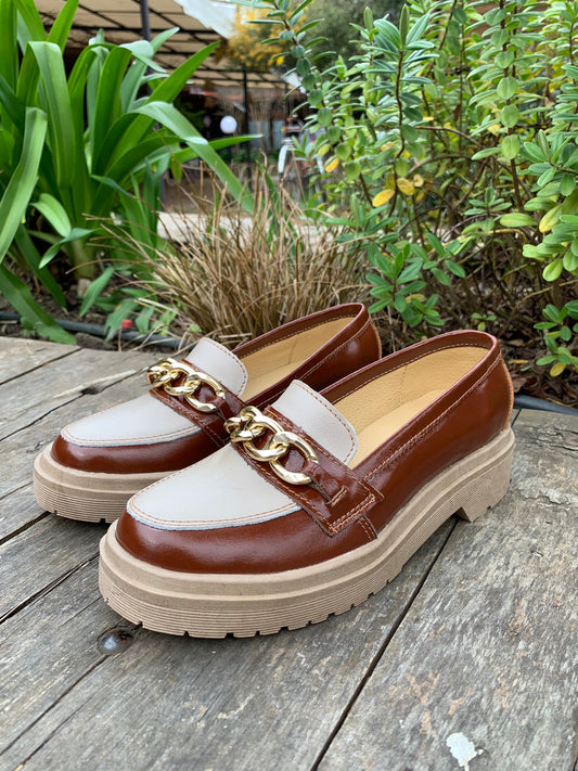 Mocasine Perez cuero cafe richiato c/blanco