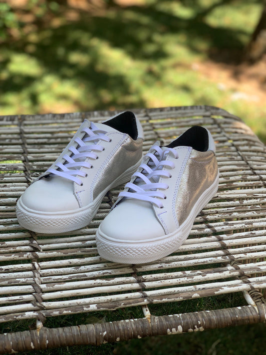 Zapatilla Honolulu cuero glitter plata, blanco