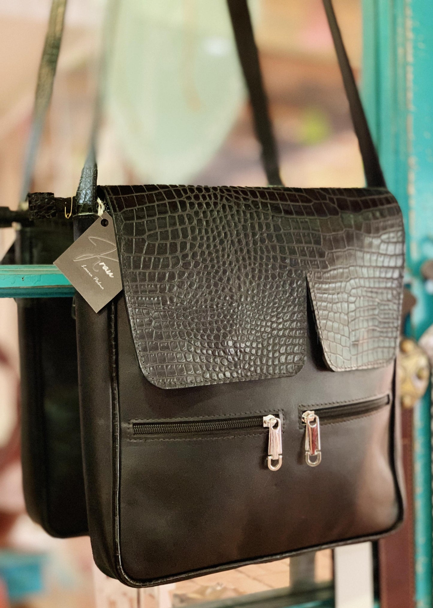Morral cuero negro c/ croco
