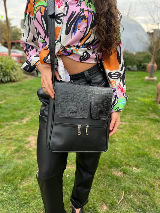Morral cuero negro c/ croco
