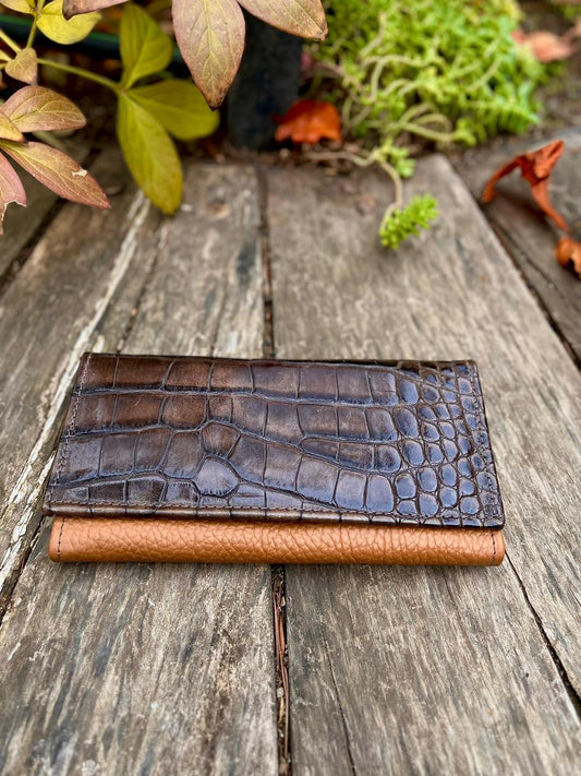 Billetera mujer cuero camel croco café